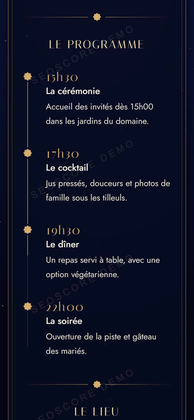 Programme de la journée sur une ligne dorée, avec le compte à rebours jusqu'au mariage