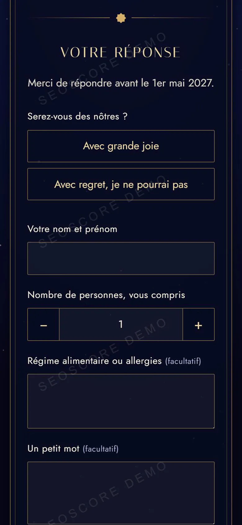 Formulaire de réponse en ligne : présence, nombre de personnes, régime alimentaire et petit mot