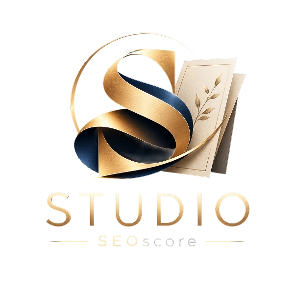 Studio, un service SEOscore : lettre S dorée en ruban devant une carte de faire-part