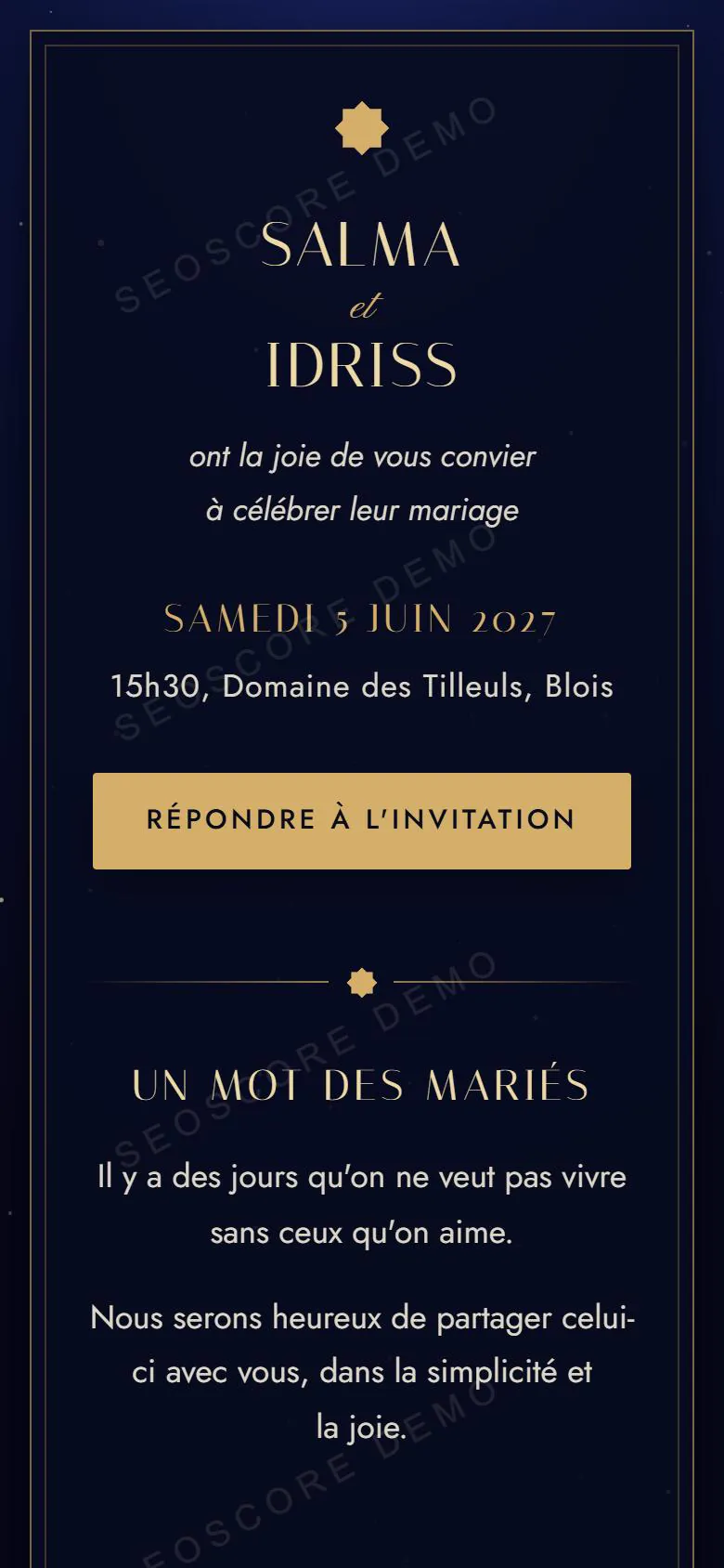 Faire-part de mariage pour Salma et Idriss, aperçu sur téléphone