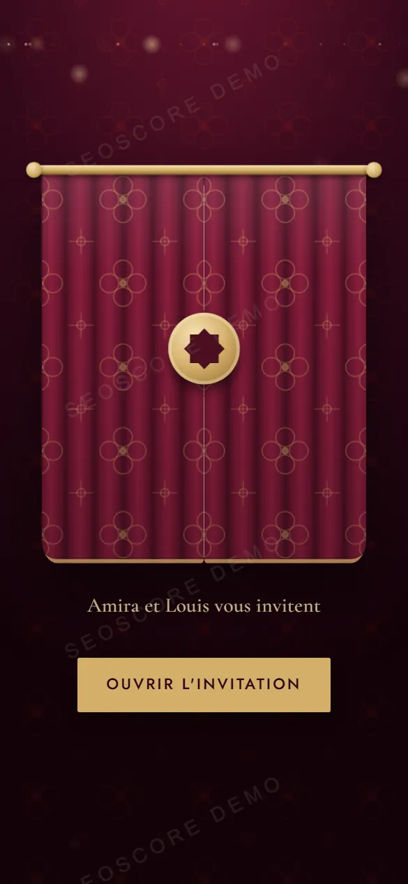 Faire-part fermé, style Bordeaux et or : un rideau de velours qui s'écarte