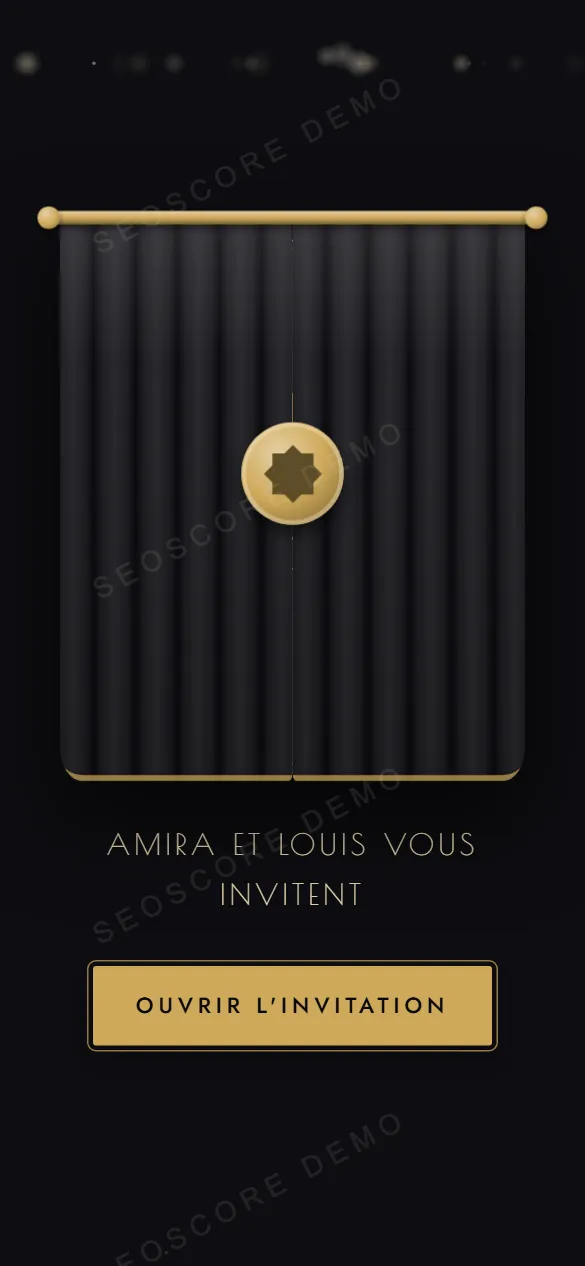 Ouverture du style Gala noir et or : un rideau qui s'écarte sur une soirée de gala