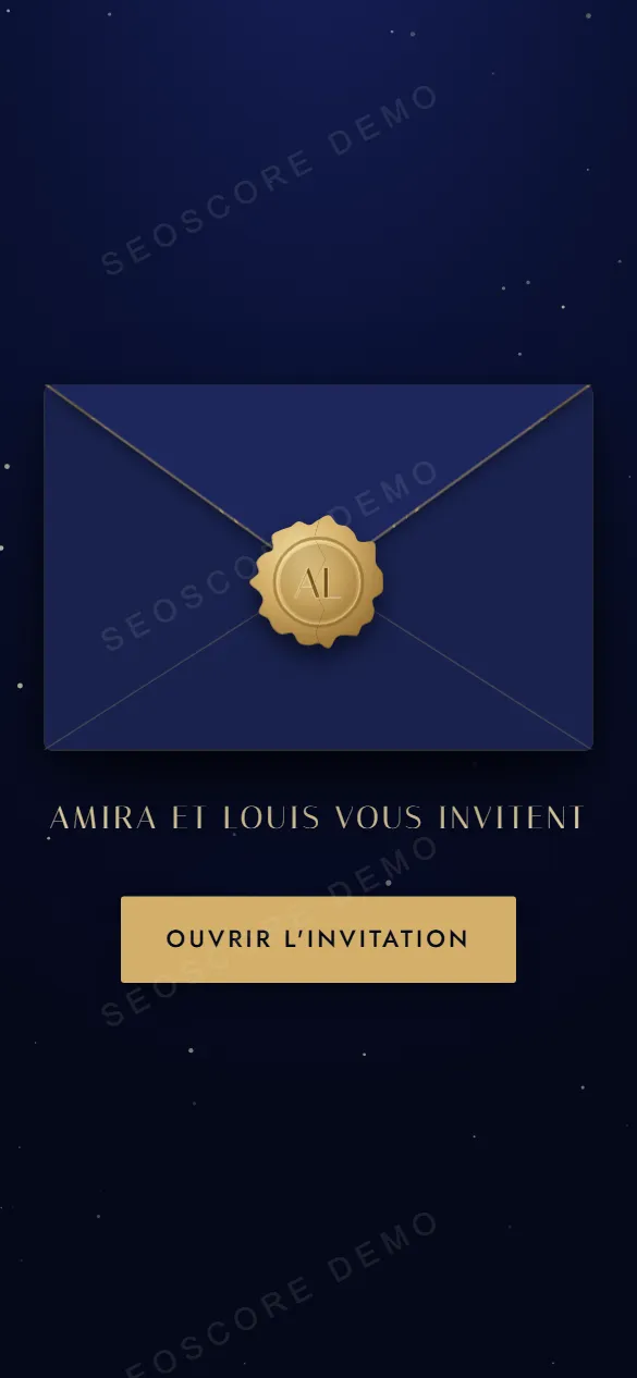 Faire-part fermé, style Nuit étoilée et or : une enveloppe cachetée de cire dorée