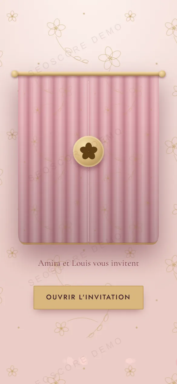 Faire-part fermé, style Rose poudré et or : un rideau qui s'écarte
